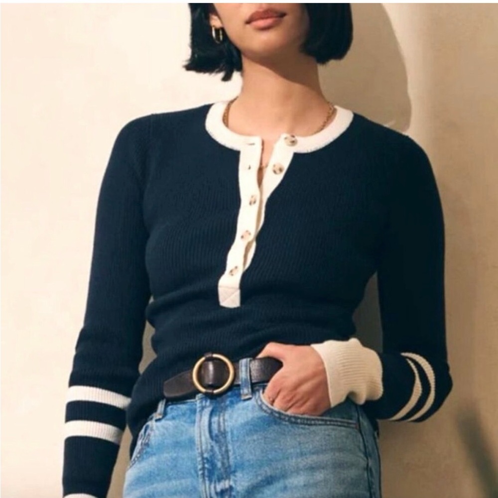Faherty Blue Ivory Cotton Cashmere Mikki Henley Sweater